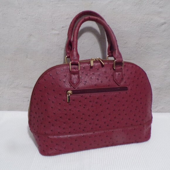 Ostrich Like Faux Leather Burgundy & Gold Accents Handbag with Gray Lining - Picture 2 of 5